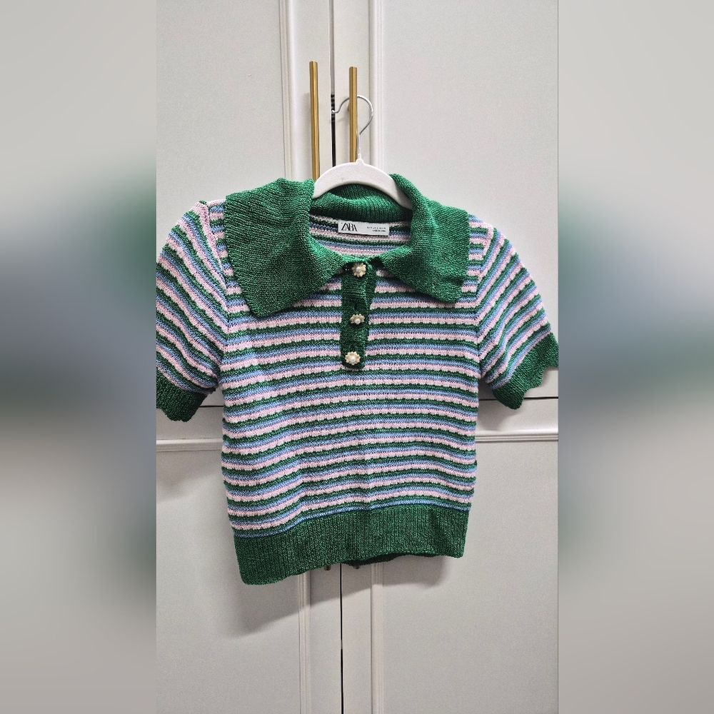 Zara Womens Knit Top Green and Pink Stripes Polo Top Size Small Stretchy